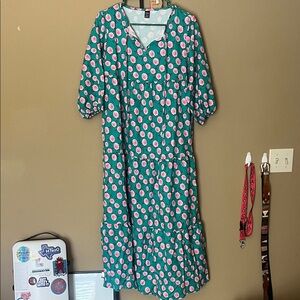 SHEIN Green and Pink Floral Midi Dress